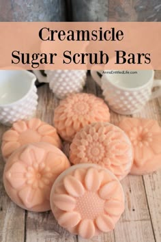 6 creamsicle sugar scrub bars on a wooden board. Three small pieces of milk glass are in the background Homemade Scrubs Recipes, Body Scrub Bars Diy, Body Scrub Bar, Diy Spa Stuff, Best Sugar Scrub Recipe, Body Sugar Scrub Diy Recipes, Soap Scrub Recipe, Soap Making Designs Ideas, Sugar Scrub Bars Diy