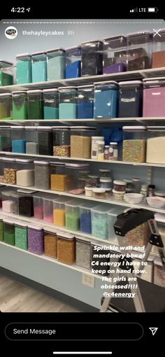 the shelves are filled with many different colored boxes and containers, all in one place