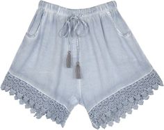 A pair lightweight rayon cloud grey sheer beach shorts that feature a beautiful crochet lace at the bottom to enhance the bohemian look and cute drawstring tassels in a complementing color.  These pair of shorts have pockets on both sides and have a streaky sophistication about them with the texture and fall. #tlb #Pocket #Yoga #vacationclothing #beachwrap #bohemianfashion #BohemianShorts #SummerShorts #BeachShorts #Crochethemshorts Bohemian Style Shorts With Crochet Trim For Summer, Bohemian Shorts With Crochet Trim For Vacation, Bohemian Shorts For Beach Season, Summer Festival Bottoms With Crochet Trim, Bohemian Shorts With Crochet Trim, Bohemian Bottoms With Crochet Trim For Summer, Bohemian Summer Bottoms With Crochet Trim, Bohemian Bottoms With Crochet Trim For Beach Season, Summer Festival Bottoms With Tassels