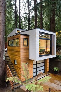 a small house in the woods with stairs leading up to it's roof and windows