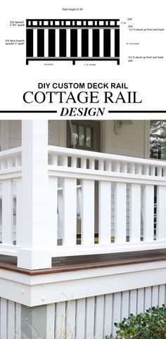 a white porch rail with black and white stripes on the bottom, and an image of a