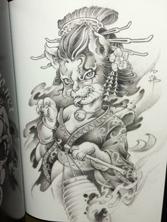 an ink drawing of a geisha warrior