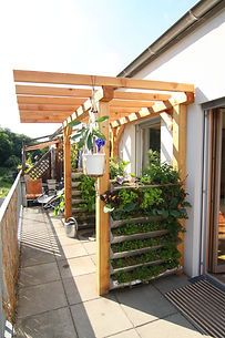 a wooden pergolan with plants growing on it's sides and attached to the side of a house