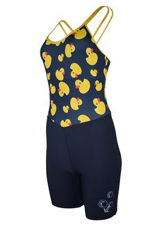 Your favorite women's tangled unisuit, now in the favorite Duckies print! Unisuits are the preferred racing and training garment in the rowing world. JL's original "V-Front" waistline visually elongates the torso allowing for a proper and flattering fit. The women's suit top is made with bathing suit construction Built-in bra Armholes are cut to balance discretion with a firm hold on your girly bits, yet to avoid chafing when at your full reach. Playful Fitted Bodysuit For Swimming, Playful Fitted Sports Swimwear, Playful Fitted Swimsuit Bodysuit, Training Swimwear With Built-in Bra And Racerback, Sporty T-back Training Swimwear, Technical Moisture-wicking Swimwear For Training, Yellow Fitted Playful Bodysuit, Blue Moisture-wicking Swimwear For Training, Navy Moisture-wicking Sports Swimwear