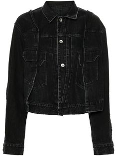 black cotton denim spread collar long sleeves buttoned cuffs two chest flap pockets English rear vents front button fastening Cotton Jacket, Flap Pocket, Outerwear Jackets, Black Cotton, Denim Jacket, Top Brands, Long Sleeves, Luxury Fashion, Collar