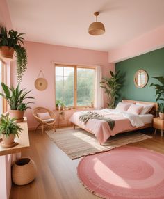 a bedroom with pink and green walls, potted plants on the floor and a bed