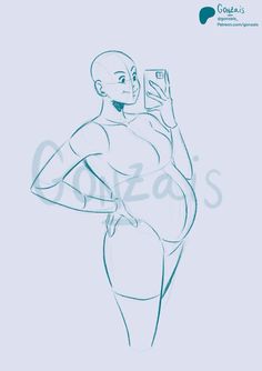 a drawing of a woman taking a selfie with her cell phone while standing up