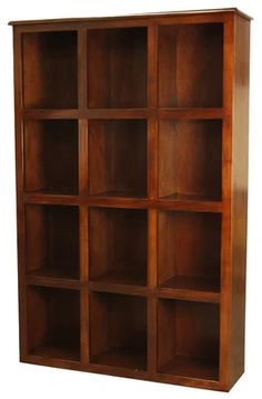 a wooden bookcase with six shelves on each side