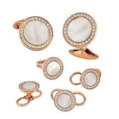 Genuine White mother of pearl gemstones are set by hand onto classic round 18 Karat rose gold. Sparkling diamonds add unexpected flash while perfectly complementing the natural gemstones. 18 karat Rose gold 1.2mm diamonds inlaid & White Mother of Pearl Cufflink & Tuxedo Studs Cufflink(16mm width) Studs(10mm width) whale backs for cufflinks, flip back for studs Packaged in black lacquered wood display box & a velour gifting travel pouch perfect for home display Also available as cufflinks only Rose Gold Tuxedo, Gold Tuxedo, Rose Gold Cufflinks, Tuxedo Studs, Pearl Cufflinks, Lacquered Wood, Gold Cufflinks, Cufflink Set, Wood Display