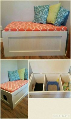 three pictures of a day bed with storage underneath it