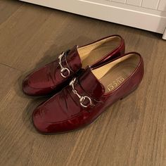 These Classic Shoes Are Really Cute And Unique. They Are In A Beautiful Patent Red Finish With The Classic Culver Hardware And Gucci Silhouette. Super Comfortable. Worn A Little With Creases At Toe Box And A Little Fraying At Tongue. Honestly I Would Love To Keep These But They Are A Little Big For Me. Would Fit A 6.5 Perfectly! Red Patent Leather Loafers For Formal Wear, Red Patent Leather Loafers For Formal Occasions, Gucci Evening Loafers With Leather Sole, Gucci Leather Sole Evening Loafers, Classic Gucci Loafers For Evening, Elegant Red Loafers With Flat Heel, Elegant Red Loafers With Almond Toe, Classic Gucci Evening Loafers, Elegant Red Almond Toe Loafers