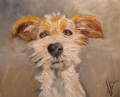 a painting of a white dog with brown ears and yellow eyes looking at the camera