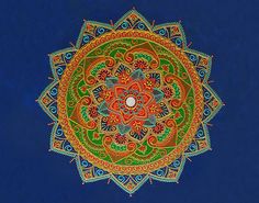 an intricately designed design on the side of a blue background with red, green and yellow colors