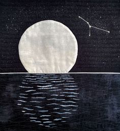 an image of a full moon in the sky over water with a kite flying above it