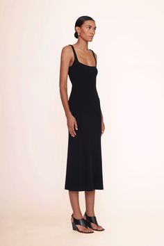 A fitted sleeveless dress made out of compact knit fabric. This style features a wide square neckline and midi length. Spring Handbags, Toe Thong Sandals, Wedges Heels, Boots Heels, Black Wedges, Leather Wedges, Square Necklines, Classic Leather, Square Neckline