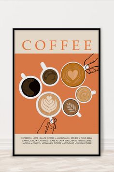 Orange Coffee Poster.  Available in various sizes. Coffee Poster Design Graphics, Coffee Paint, Vintage Coffee Poster, Coffee Posters, Poster For Kitchen, Drawing Borders, Coffee Poster Design, Coffee Lovers Gift, Cozy Coffee Shop