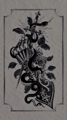 a drawing of a snake and flowers on a piece of paper with an ornate border