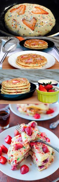 several different types of pancakes on plates with strawberries and raspberries next to them