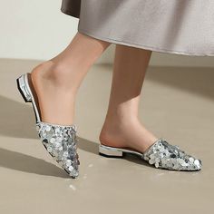 Big Sequins Glitter Shiny Bling Silver Black Closed Toe Women Slippers Chunky Low Heels Big Size 47 Big Sequins, Black Heels Prom, Brown Thigh High Boots, Silver Heels Prom, Gold Wedding Shoes, Dress Boots Women, Silver Wedding Shoes, Leather Thigh High Boots, Lady Shoes