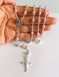 "Miraculous virgen 925 sterling silver italian rosary 30\" long . for protection and good luck , wedding, communion. made in italy 5 mm beads gr: 26 rosario de plata esterlina de la virgen de la milagrosa 925 silver, 30\" largo . para proteccion y buena suerte . hecho en italia 5 mm beads gr: 26" Wedding Communion, Rosary Necklace, Pompano Beach, Rosary, Made In, Good Luck, Necklace Etsy, 925 Silver, Silver Necklace