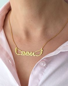 خواتم خطوبة, Dainty Jewelry Necklace, Wings Necklace, Name Necklace Gold, Life Partner, Angel Pendant, Gold Name Necklace, Bangles Jewelry Designs