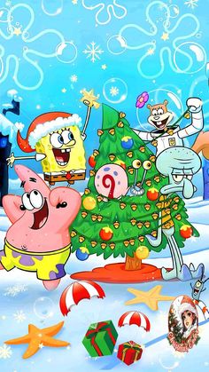 spongebob christmas wallpaper with many characters around the tree and presents under it