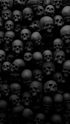 a large group of skulls are shown in black and white, as well as the background