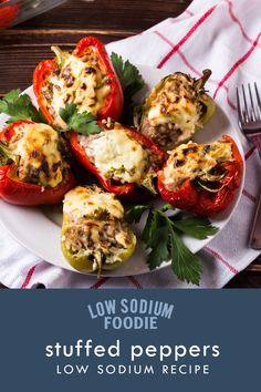 stuffed peppers on a plate with the title low soum foodie written above it