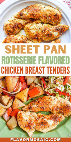 sheet pan rotissee flavored chicken breast tenders on a plate with potatoes and peppers