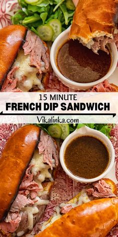 french dip sandwiches on a plate with dipping sauces and lettuce in the background