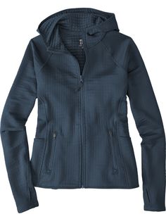 a women's black jacket with hoodie on the front and zippers at the bottom