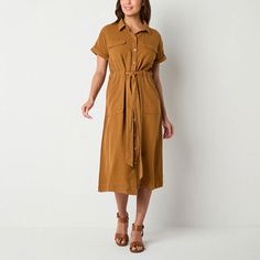 Add this a.n.a women's short-sleeve midi dress to your rotation for effortless work or everyday style in warm weather. It's made from a soft twill blend with a button-front and tie closures, a point collar, and multiple pockets. Team this utilitarian style with heeled or flat sandals. Closure Type: ButtonNeckline: Collar NeckPockets: 2 Side Slip Pockets, 2 Front Flap PocketsSleeve Length: Short SleeveSleeve Style: Dolman SleeveApparel Length: 46.5 Inches - FrontDress Length: Long LengthFiber Con Jcpenney Dresses, Utilitarian Style, Large Dress, Medium Dress, Midi Short Sleeve Dress, Shirt Dresses, Dress Shirts For Women, Midi Shirt Dress, Small Dress