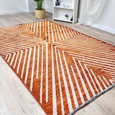 an orange and white area rug on the floor with a plant in front of it