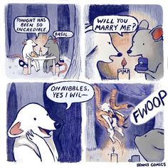 comic strip with two dogs and one cat talking to each other about the same thing