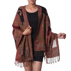 Multicolor Pashmina Shawl, Multicolor Pashmina Shawl Dupatta, Traditional Paisley Print Shawl For Fall, Pashmina Dupatta With Woven Motifs, Multicolor Paisley Print Pashmina Shawl, Winter Pashmina Scarf With Paisley Print, Bohemian Brown Shawl Dupatta, Winter Paisley Print Pashmina Scarves, Winter Paisley Print Pashmina Scarf