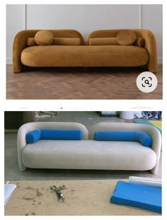 two different types of couches with pillows on them