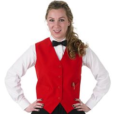 Affordable, stylish, and professional, this Henry Segal women's red basic server vest is the perfect way to complete your staff's uniforms. This vest makes it easy to ensure sophisticated uniformity in your high-end restaurant, banquet hall, casino, or catering operation. This vest is fully lined and tailored specifically for women with two front darts so your staff always look their best. It also has a full cloth back for a polished, professional look and a four-button front with matching color Waiter Outfit, Waitress Uniform, Restaurant Aprons, Staff Uniforms, Carnival Themed Party, Red Vest, Women Ties, Banquet Hall, Professional Look