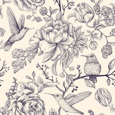 seamless floral pattern with birds and flowers