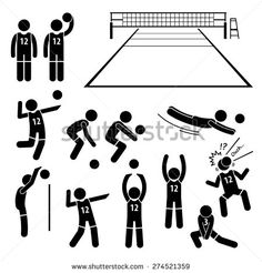 volleyball icon set in various poses to play the ball and serve it with his racket