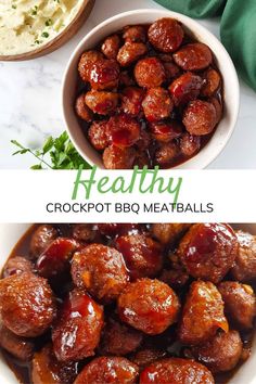 two pictures showing different types of meats in bowls and on the same plate, with text overlay that reads healthy crockpot bbq meatballs