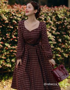 Thanks for @rebecca_lord_art wear Xiaolizi's plaid wool dress.The dress is made of soft wool fabric and features a classic plaid pattern. Tt exudes a cozy and timeless vibe.  DETAIL * More Color: https://etsy.me/3CnFnGW * 30% wool, 30% fiber, 40% polyester * fully satiny lining, more nice to the touch body * Long bishop sleeves * Fit and flare dress * Pleated dress * Back zipper closure * Two side seam pockets * Ankle length dress * Vintage wool dress * Perfect for spring, autumn, winter * Lean More about the items From the FAQs on the page bottom * SIZE CHART https://www.etsy.com/listing/736810337 * Fabric Swatch https://www.etsy.com/listing/607129534 SIZE GUIDE Size vary between Brand and Country Please get your body measurement with our Size Guide And Find your size in our Size Chart In Long Sleeve Autumn Dress, Plaid Wool Dress, Wool Flannel Dress, A Line Winter Dress, Wool Dress Pattern, Vintage Plaid Dress For Winter, Vintage Plaid Dress For Fall, Vintage Plaid Winter Dress, Fitted Brown Plaid Dress For Fall