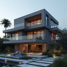 a modern house is lit up at night with lights on the balconies and patio