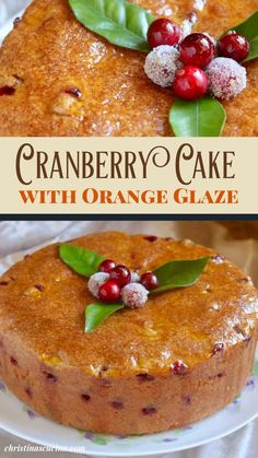 cranberry cake with orange glaze is on a white plate and has green leaves