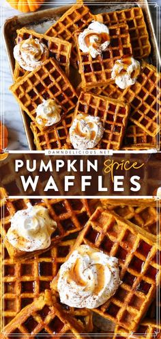 pumpkin spice waffles with whipped cream on top and an orange in the background