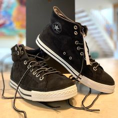 Brand New, Unused And Unworn, In Original Box. Men’s Authentic Converse Ct Pc2 Mid Sneakers Size: Men’s 9, Women’s 11 (Unisex) Style #135834c Color: Black/Phaeto Style: Mid Type: Casual Laces: Comes With 2 Different Style Laces Per Shoe Upper Material: Leather Suede Other Material; Textile Lining, Rubber Outsole *The Photos In This Gallery Are The Converse Shoes You Will Receive. *A Few Minor Blemishes On The Black Suede Are Evident And Not Defects But Occur During Manufacturing, Black Suede High-top Sneakers, Black Suede High-top Sneakers With Studded Outsoles, Black Suede High-top Sneakers With Branded Insole, Urban Suede High-top Sneakers With Laces, Black Suede Sneakers With Laces, Urban Suede High-top Sneakers, Black Suede Skate Shoes With Laces, Sporty Black Custom Sneakers With Rubber Toe Cap, Black Low-top Custom Sneakers With Rubber Toe Cap