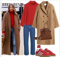 Fall In Canada, Red Sweater Outfit, City Break Outfit, Looks Adidas, Camel Coat Outfit, Fall Chic, Winter Fashion Outfits Casual, Fall Outfit Ideas, Red Sweater