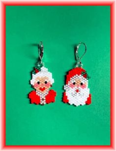 Here's a smaller vision of Mr and Mrs Clause in one inch hanging from sterling silver leverback findings. Created from glass Delica beads in opaque red these could be used as ornaments on a small tree or possibly stocking stuffers besides earrings. Sugarfix By Baublebar Santa And Mrs. Clause Earrings, Beaded Santa Claus Earrings Patterns, Mini Christmas Earring Beads, Christmas Beads Craft, Xmas Earrings, Christmas Beading, Earring Christmas, Mrs Clause, Miyuki Beads Pattern