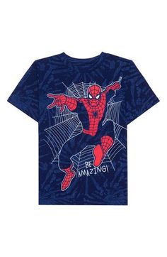 Spidey poses on this cotton-blend T-shirt to remind your little one to exhbit superhero powers by being amazing every day. 50% cotton, 50% polyester Machine wash, tumble dry Imported Superhero Powers, Boys Be, Mens Home, Kids Trend, Mens Trends, Dining Room Bench, Men's Graphic T Shirt, Baby Sale, Linen Shop