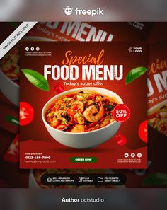 a flyer for a restaurant with food items on the front and back cover, in red tones