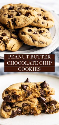 peanut butter chocolate chip cookies stacked on top of each other with the title above it